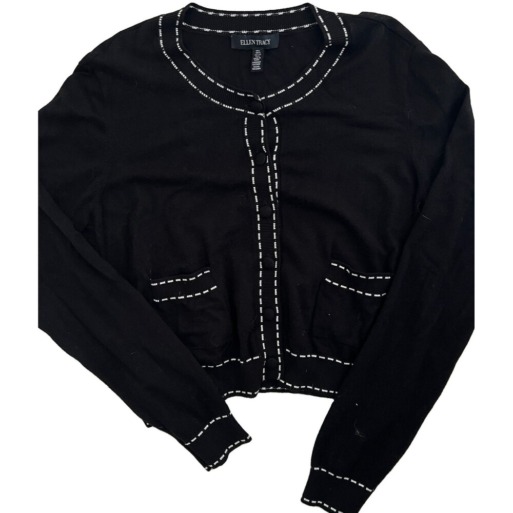 Ellen Tracy Cardigan Sweater L Black White Stitch detail